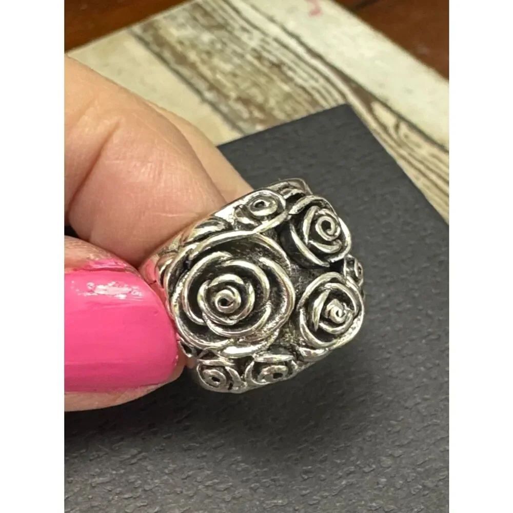 Silver Rose Cluster Ring - Women's Floral Statement Ring Sz 6-6.5